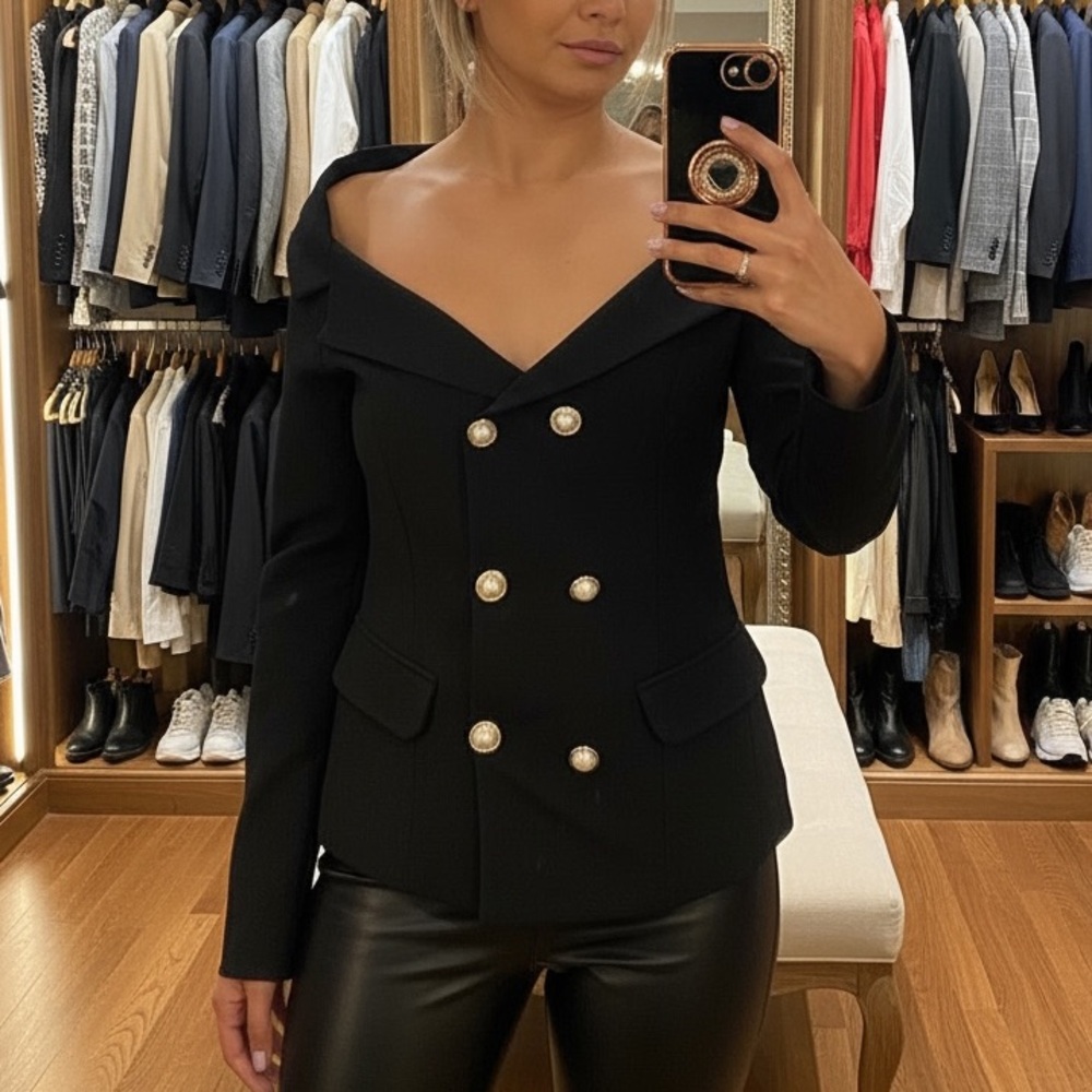 Rinascimento Black Off-Shoulder Blazer with Pearl Buttons